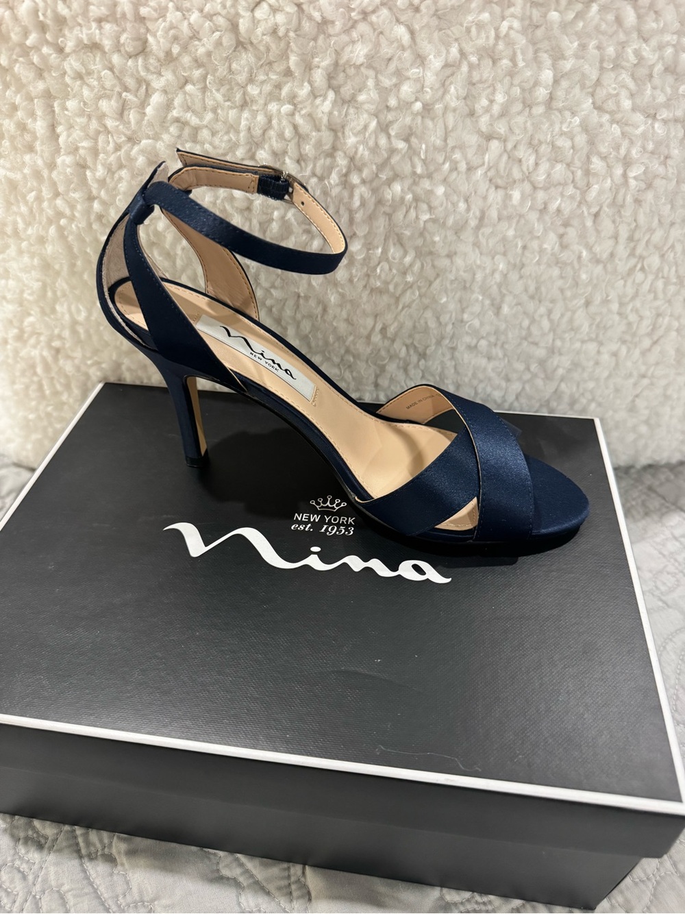 Nina Navy Satin Crisscross Ankle-Strap Heels